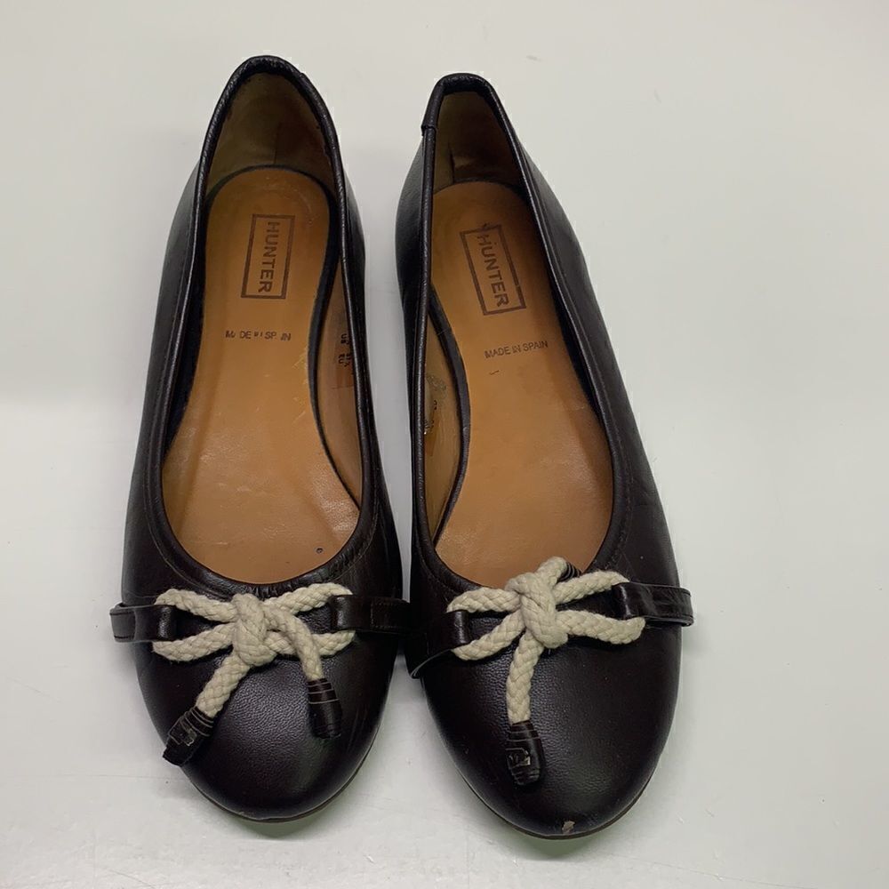 Hunter Dex Ballet Flat Slip On Shoes Dark Brown Leather Bow Size 37.5 | 7.5